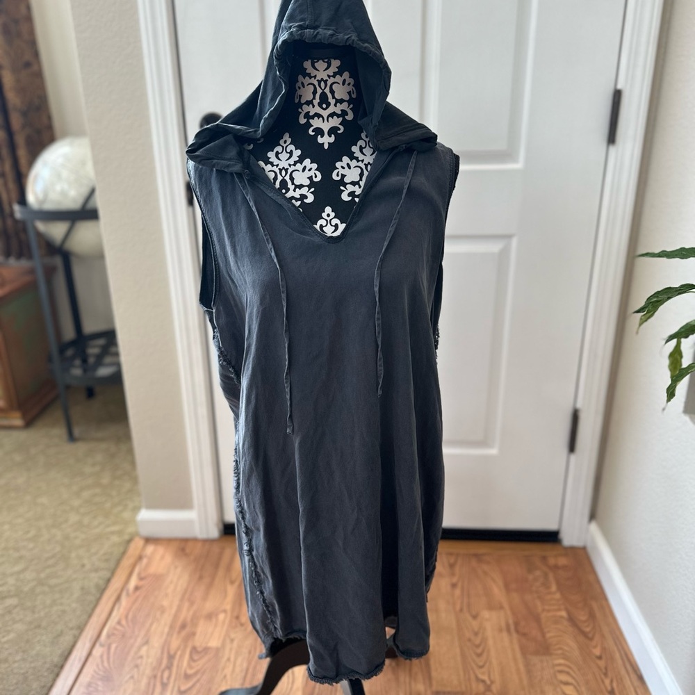 Grey Slate Sleeveless Hooded Chambray Tunic hood raw edge draw string beachy
